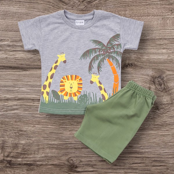 Σετ βερμούδα - κοντομάνικο μπλουζάκι με σχέδιο ζώα της ζούγκλας, γκρι - χακί